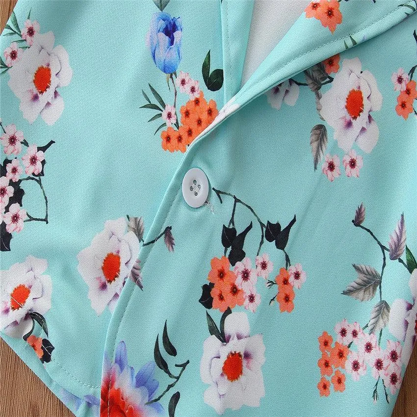 2023 summer children's clothing long-sleeved printed shirt shorts two-piece set