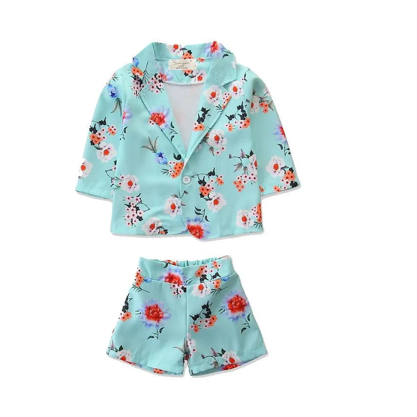 2023 summer children's clothing long-sleeved printed shirt shorts two-piece set