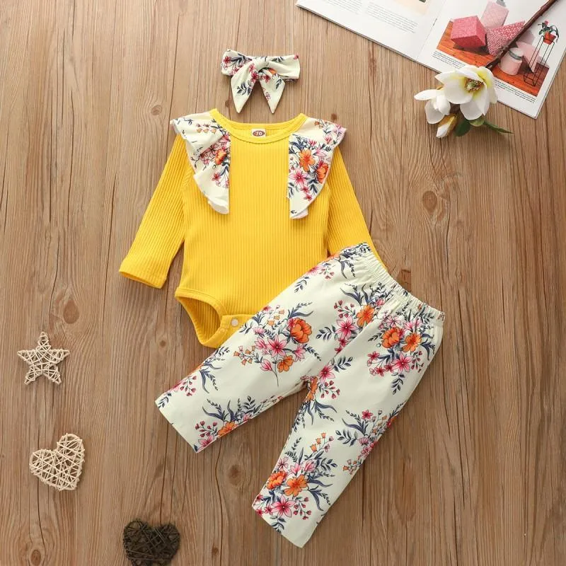 3-piece Floral Printed Bodysuit & Pants & Headband for Baby Girl Wholesale children's clothing