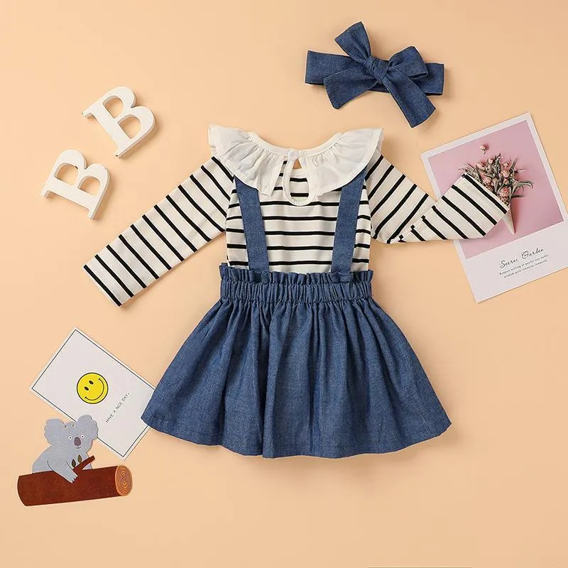 3-piece Lace Striped Bodysuit & Solid Strap Dresses & Headband for Baby Girl Wholesale children's clothing