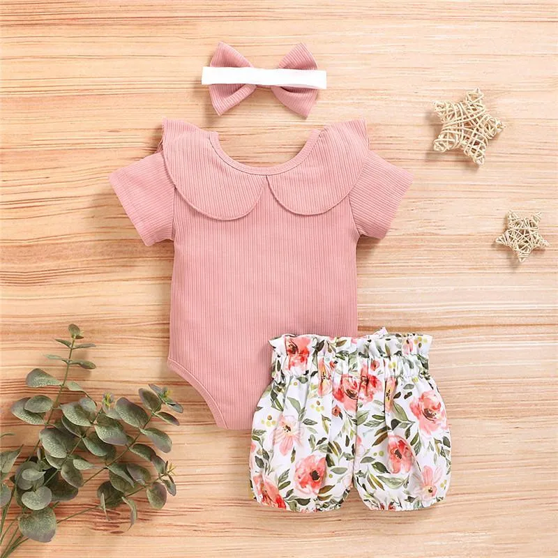 3-piece Solid Ruffle Bodysuit & Floral Printed Shorts & Headband for Baby Clothing Wholesale