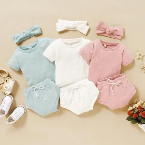 3-piece Solid T-shirt & Bloomers & Headband for Baby Girl Clothing Wholesale