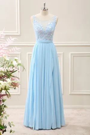 A Line Sky Blue Round Neck Chiffon Ruffled Maxi Dress with Appliques