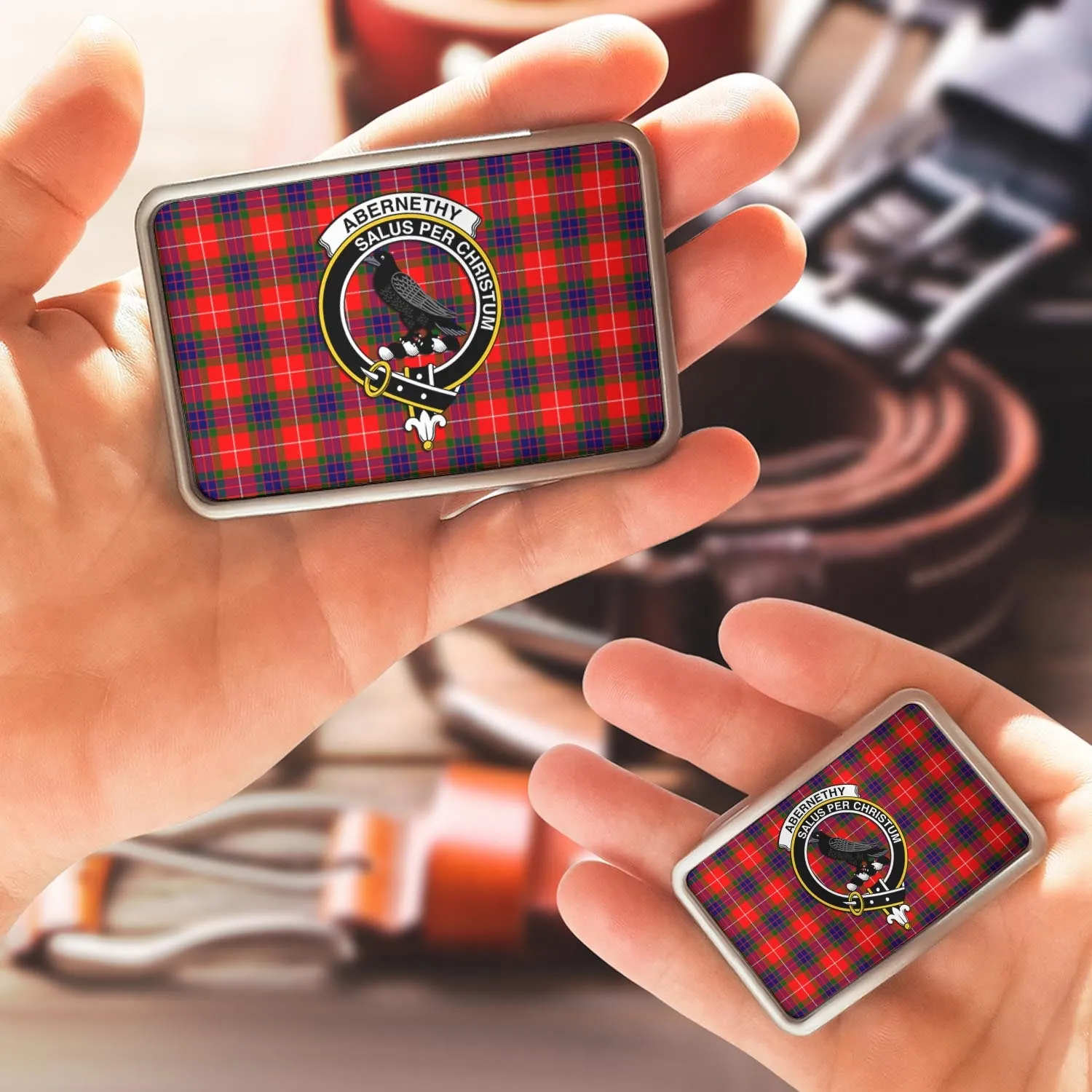 Abernethy Tartan Belt Buckles with Family Crest