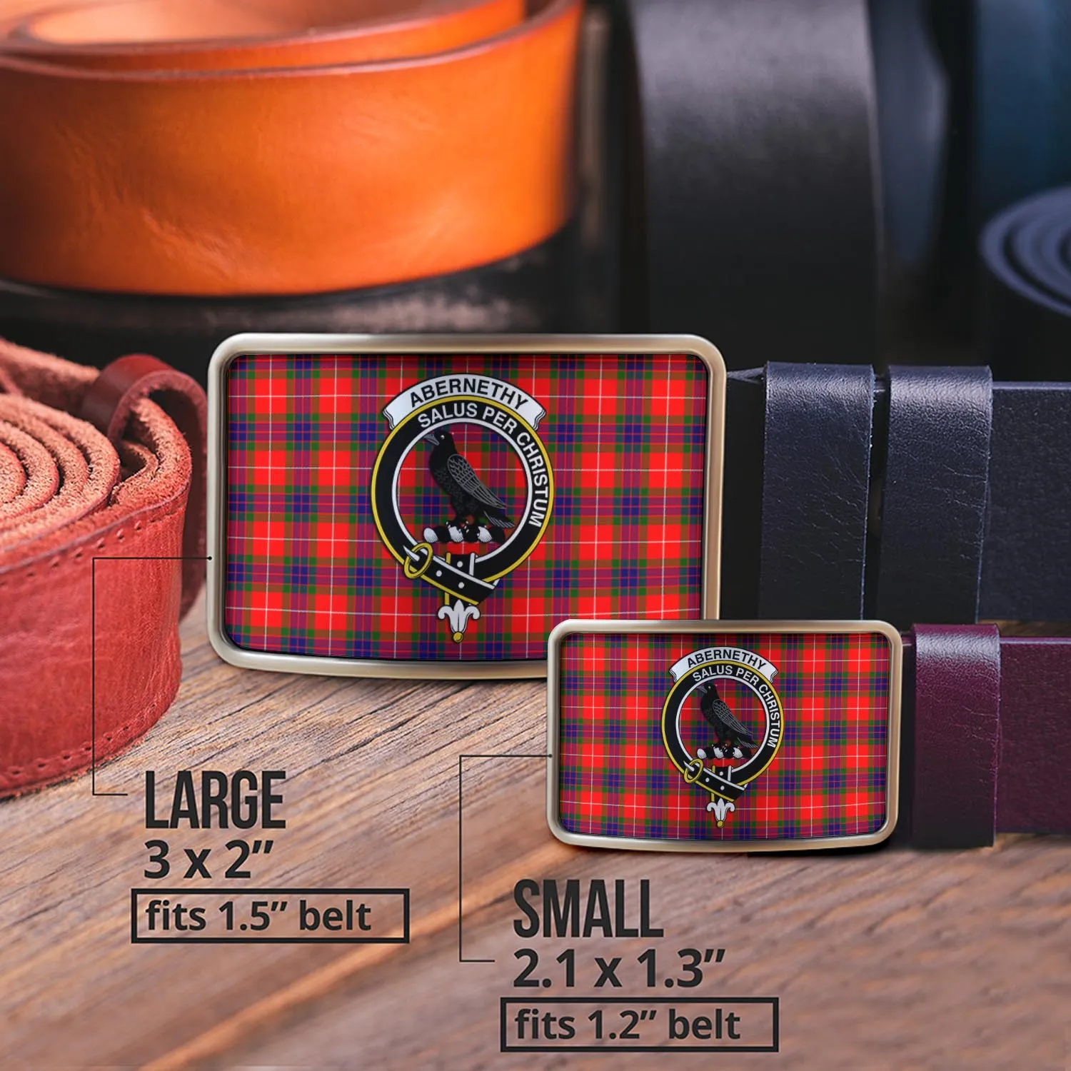 Abernethy Tartan Belt Buckles with Family Crest