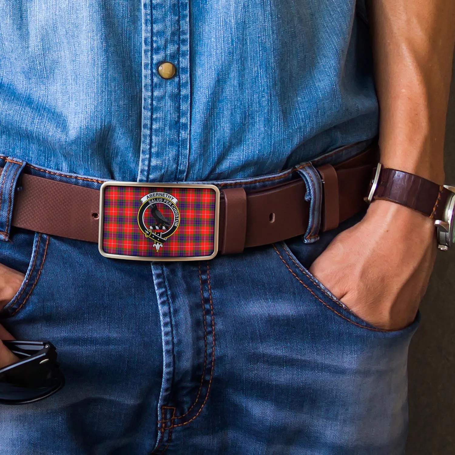 Abernethy Tartan Belt Buckles with Family Crest