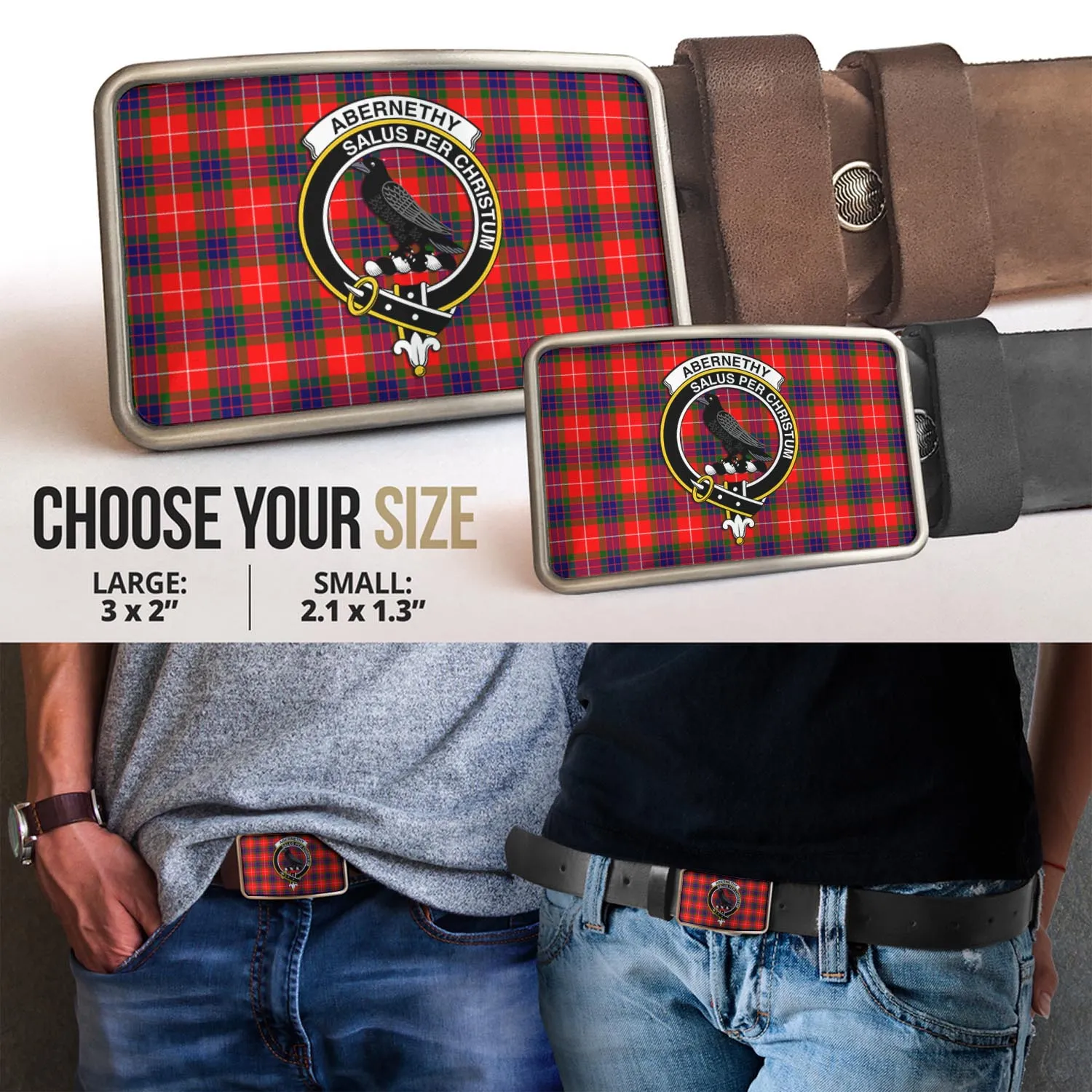 Abernethy Tartan Belt Buckles with Family Crest