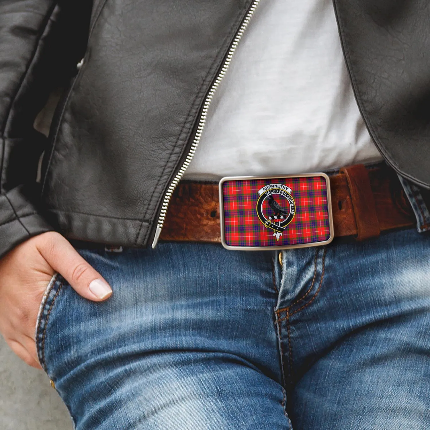 Abernethy Tartan Belt Buckles with Family Crest