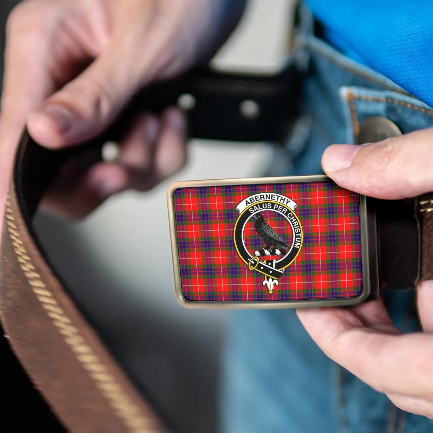 Abernethy Tartan Belt Buckles with Family Crest