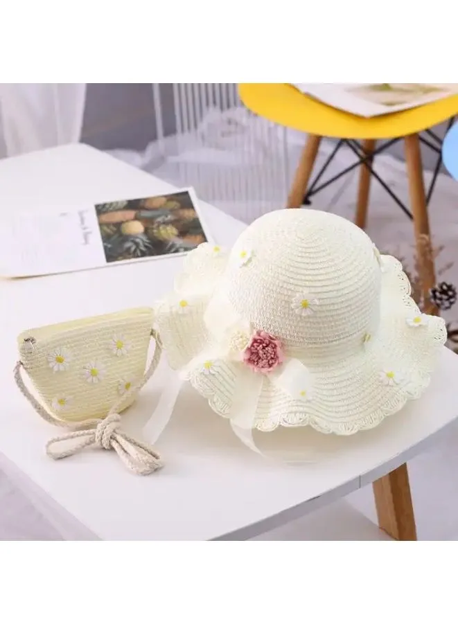 Adorable Kids Baby Girls Straw  Beach Hat with Wide Brim and Coordinated Shoulder Bag Set