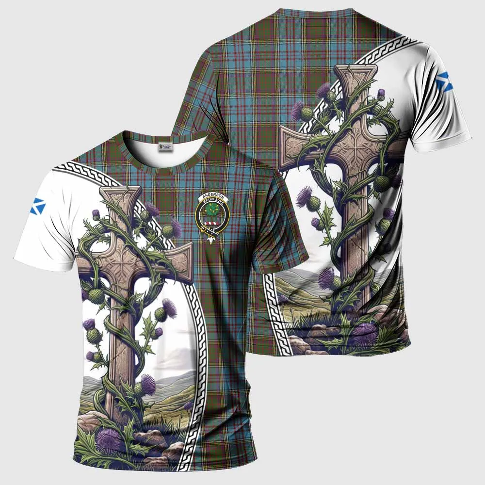 Anderson Tartan T-Shirt with Family Crest and St. Andrew's Cross Accented by Thistle Vines