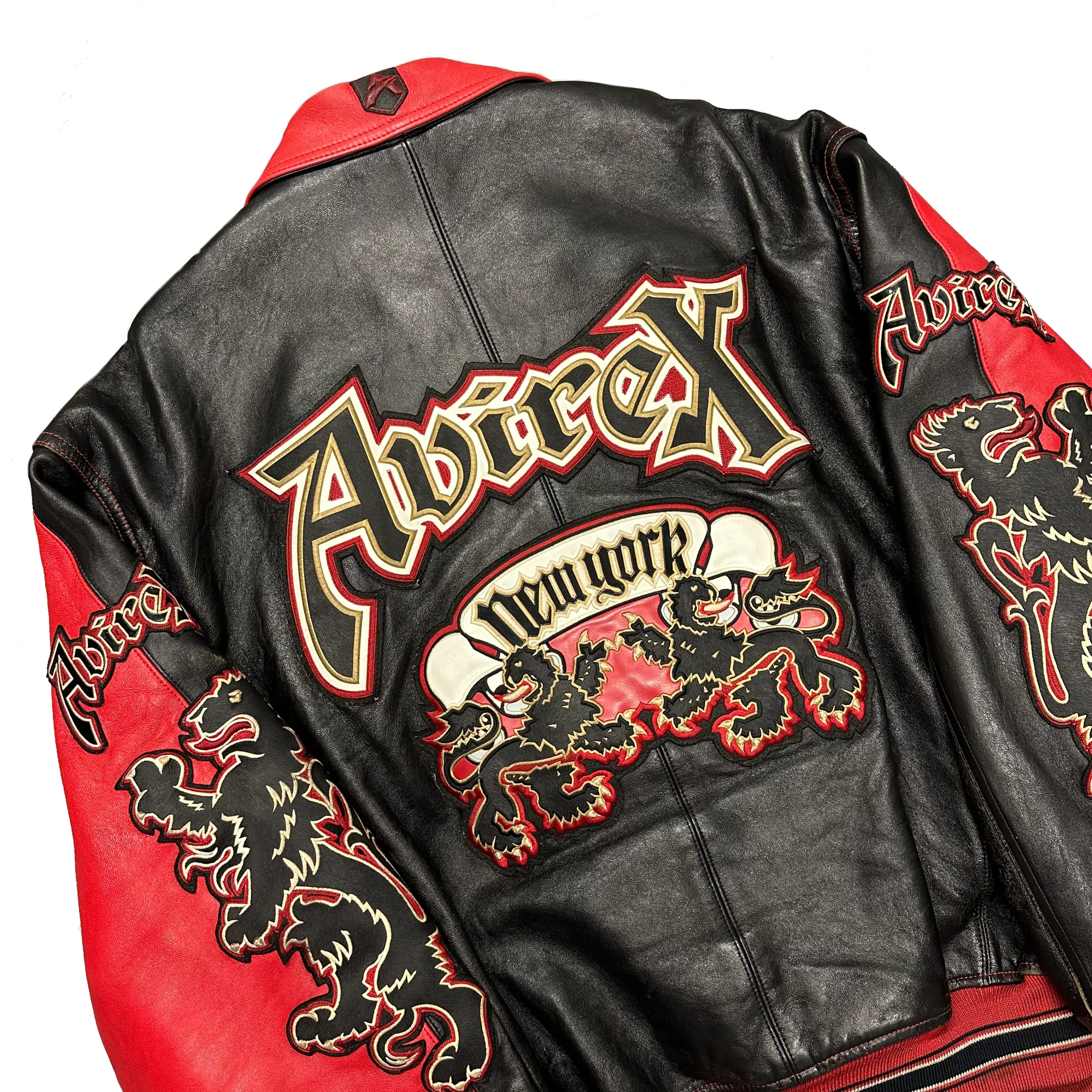 ARCHIVE Avirex New York Dragons Leather Jacket In Red & Black ( XL )