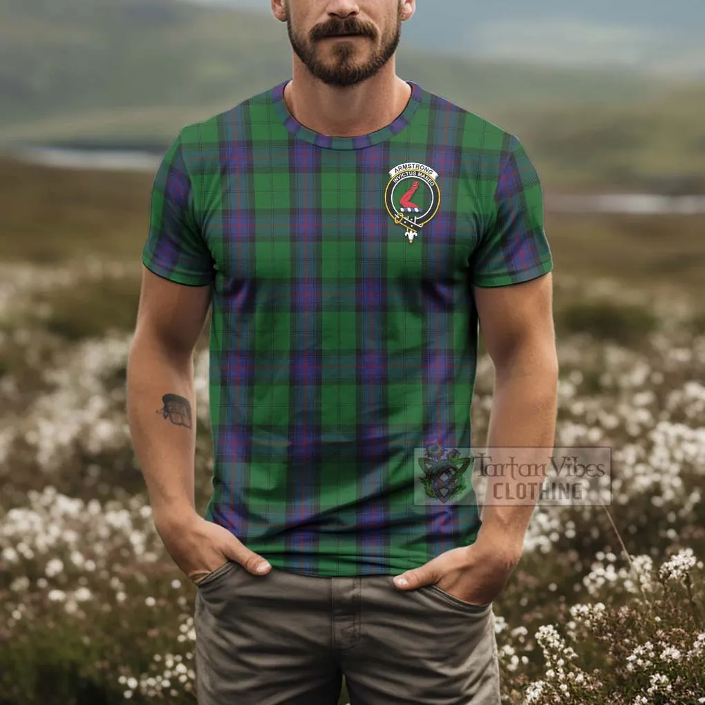 Armstrong Tartan T-Shirt with Family Crest and Bearded Skull Holding Bottles of Whiskey