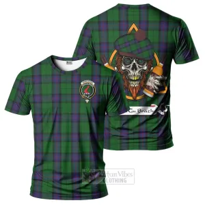 Armstrong Tartan T-Shirt with Family Crest and Bearded Skull Holding Bottles of Whiskey