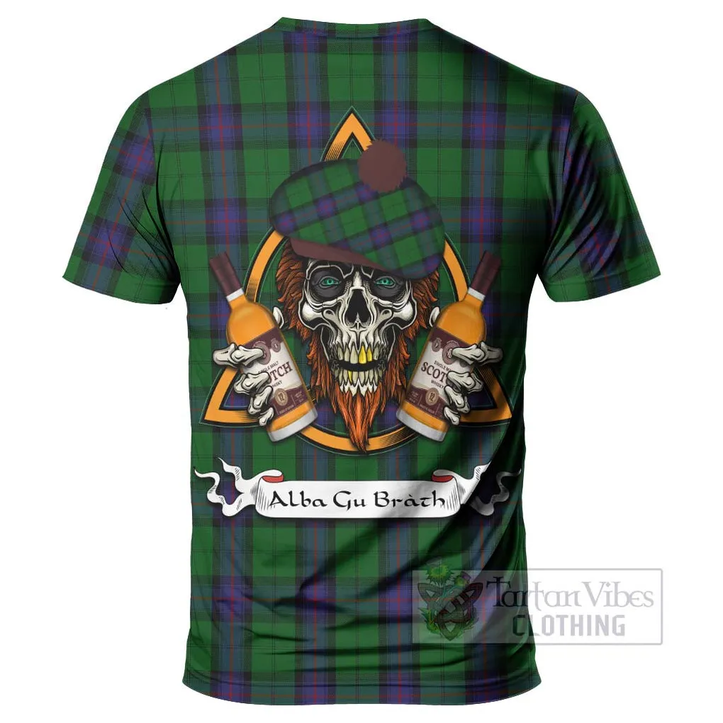 Armstrong Tartan T-Shirt with Family Crest and Bearded Skull Holding Bottles of Whiskey