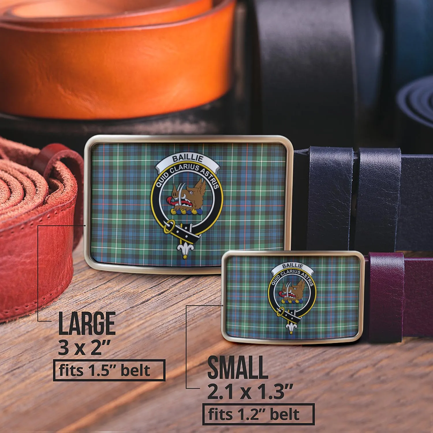 Baillie Ancient Tartan Belt Buckles with Family Crest