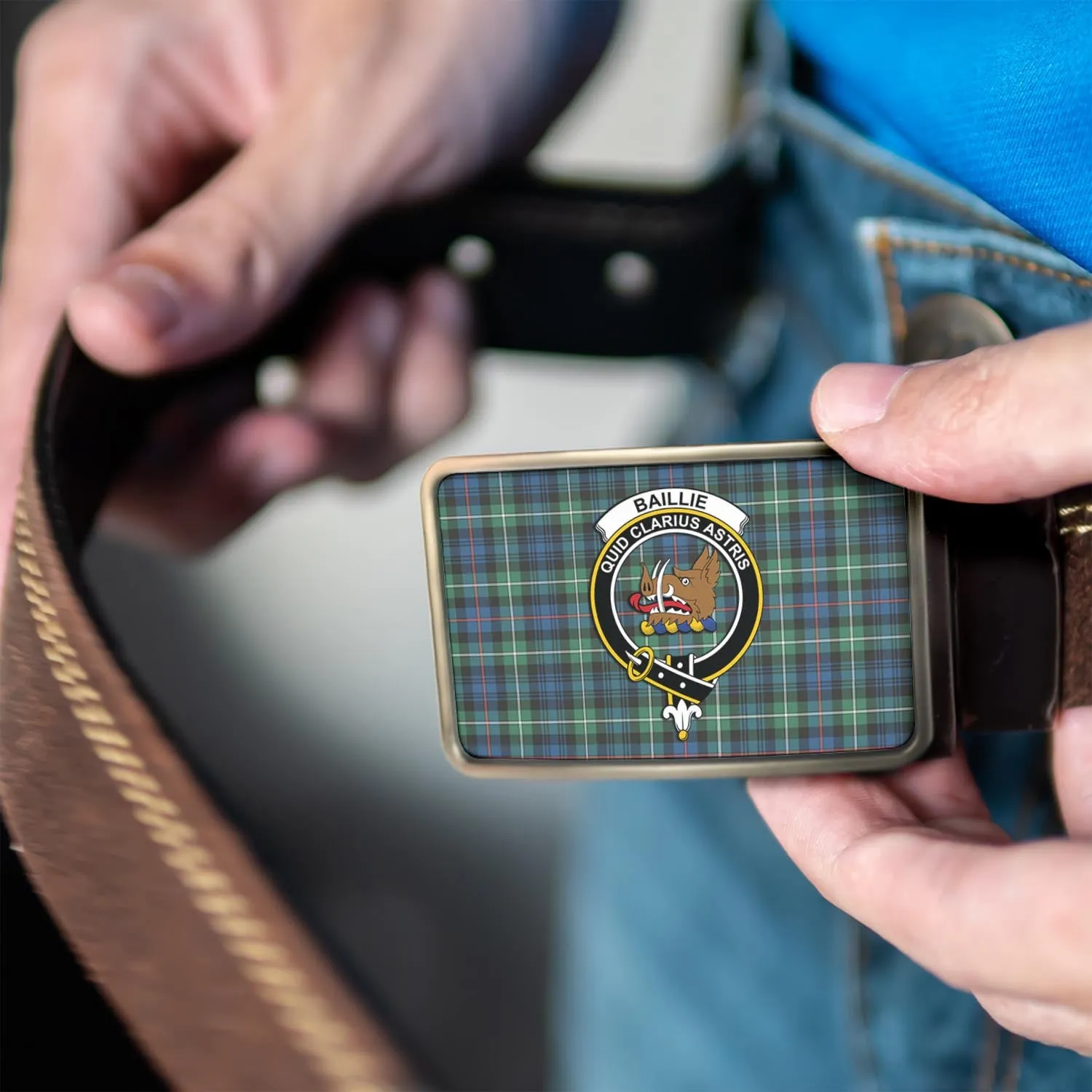 Baillie Ancient Tartan Belt Buckles with Family Crest