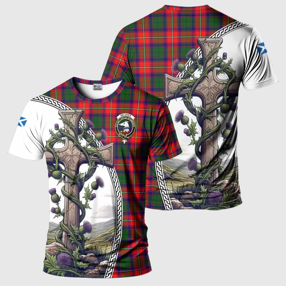 Belshes (Belsches) Tartan T-Shirt with Family Crest and St. Andrew's Cross Accented by Thistle Vines