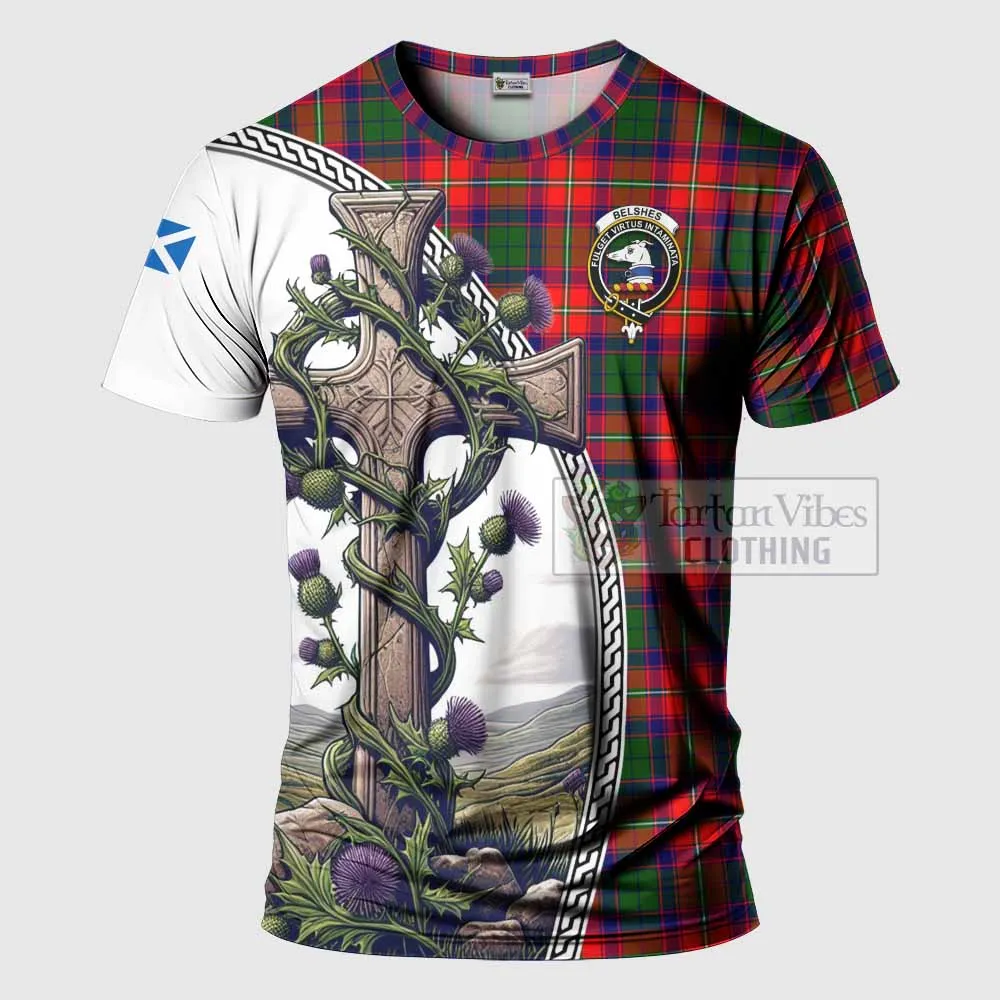 Belshes (Belsches) Tartan T-Shirt with Family Crest and St. Andrew's Cross Accented by Thistle Vines