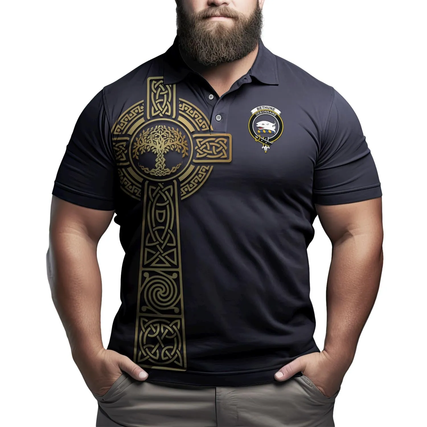 Bethune Clan Polo Shirt with Golden Celtic Tree Of Life