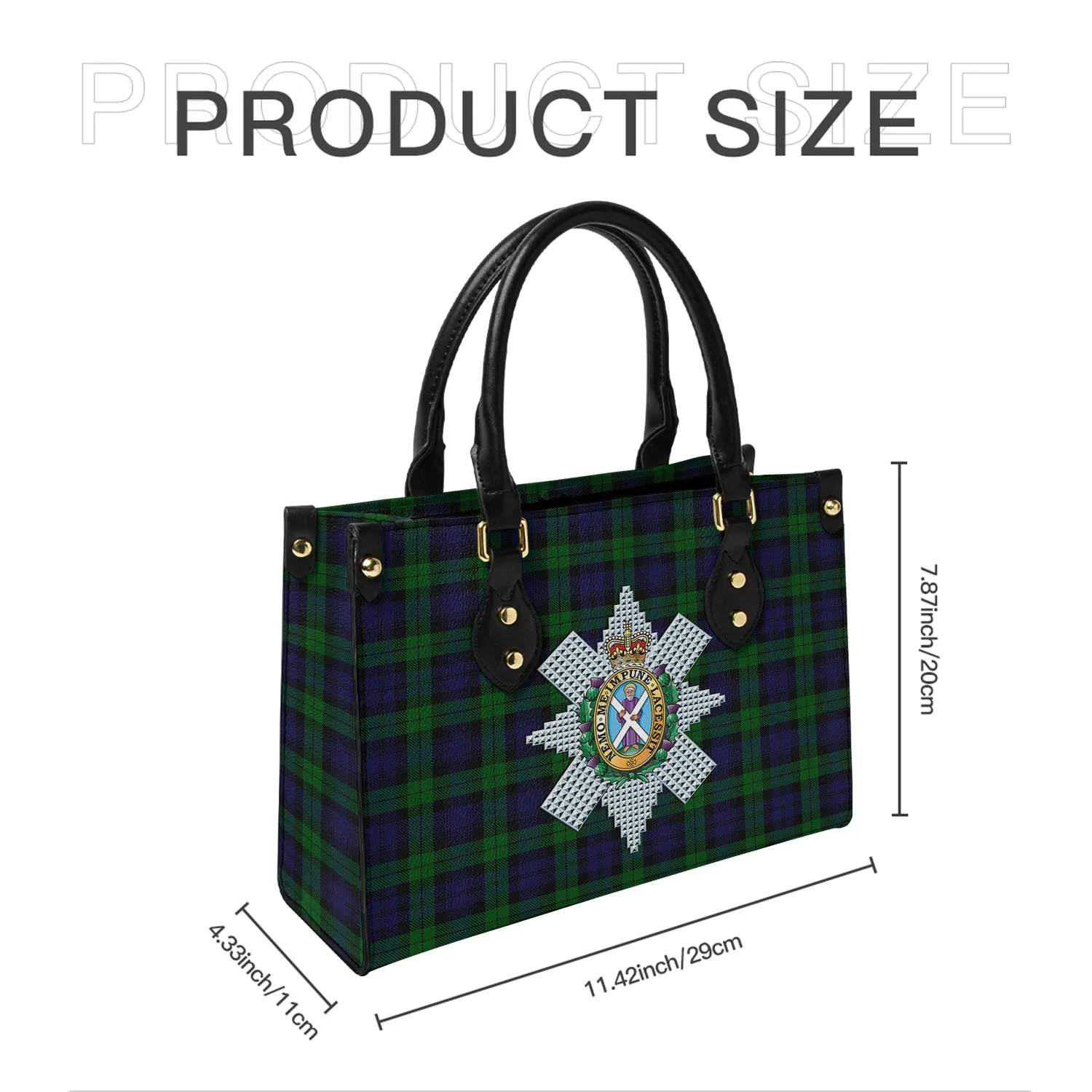 Black Watch Tartan Leather Bag with Family Crest