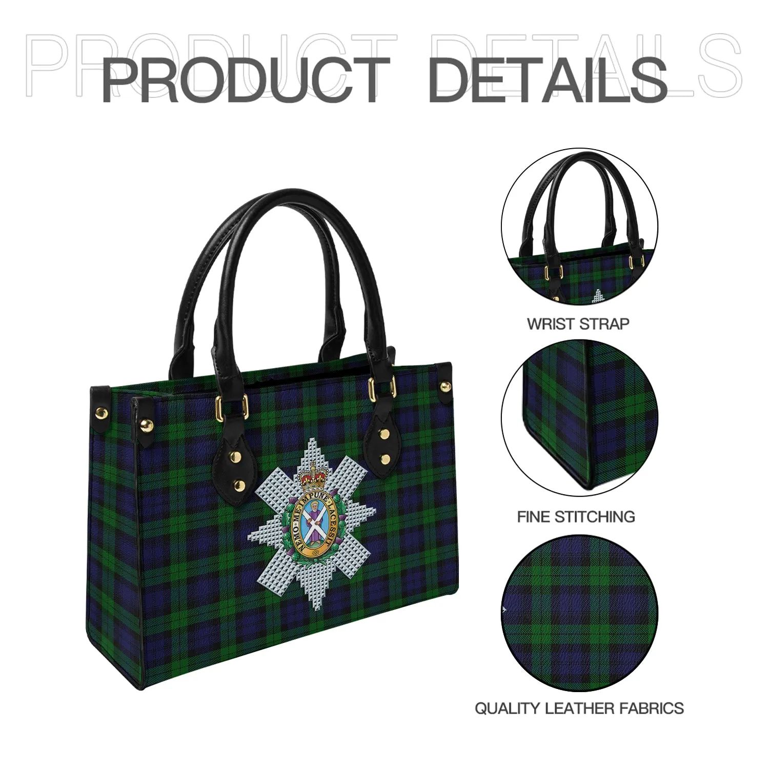 Black Watch Tartan Leather Bag with Family Crest