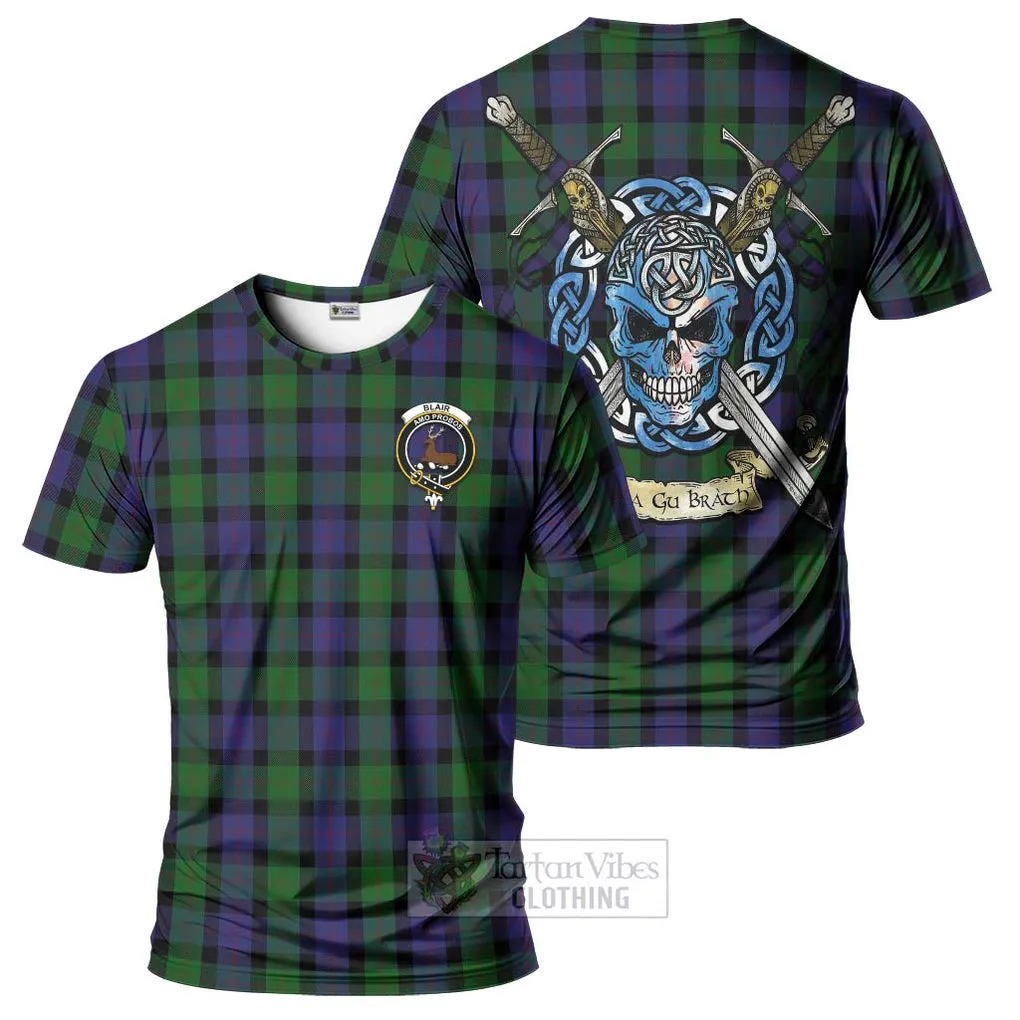 Blair Tartan T-Shirt with Family Crest Celtic Skull Style