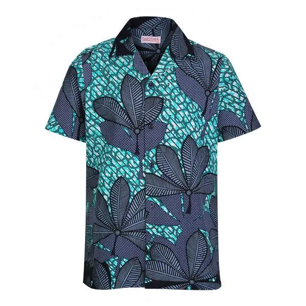 BLUE ANKARA PRINT SHORT SLEEVE SHIRT