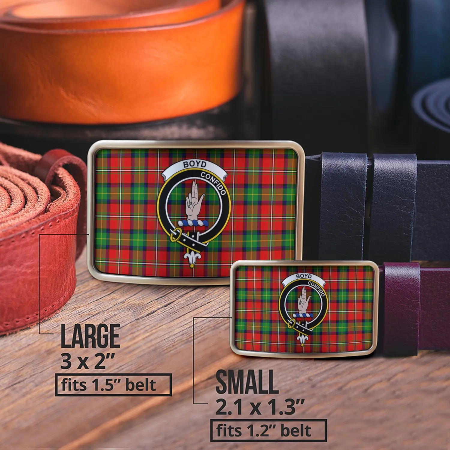 Boyd Tartan Belt Buckles with Family Crest