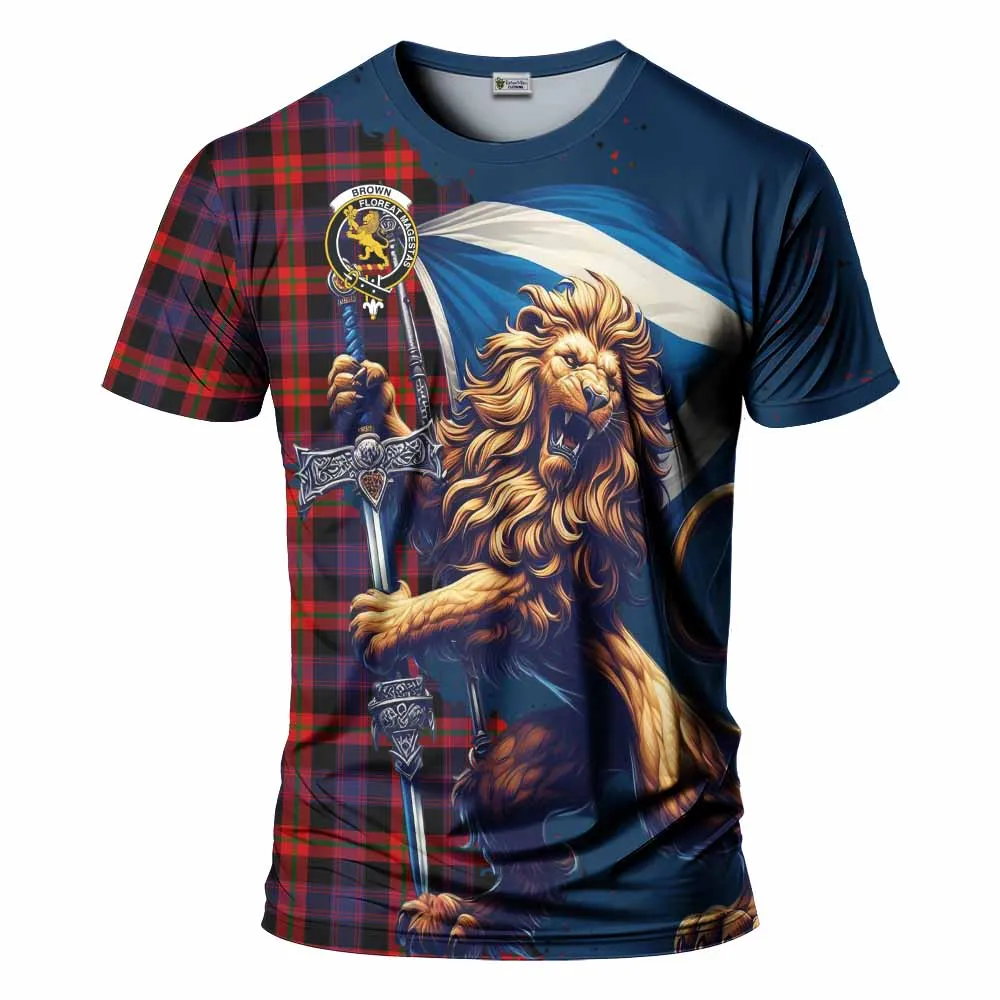 Brown (Broun) Tartan Family Crest T-Shirt with Scottish Majestic Lion