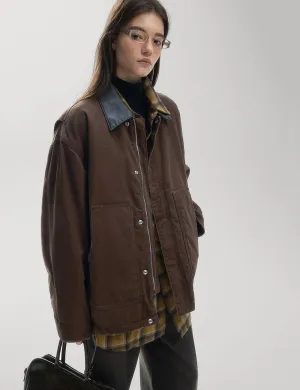 Brown Leather-Collar Barn Jacket