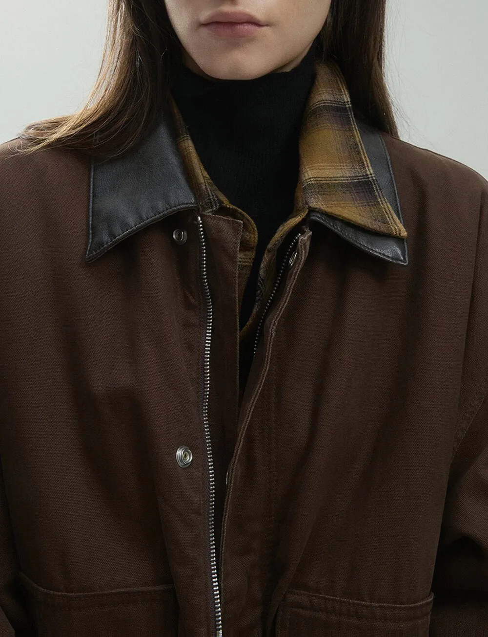 Brown Leather-Collar Barn Jacket