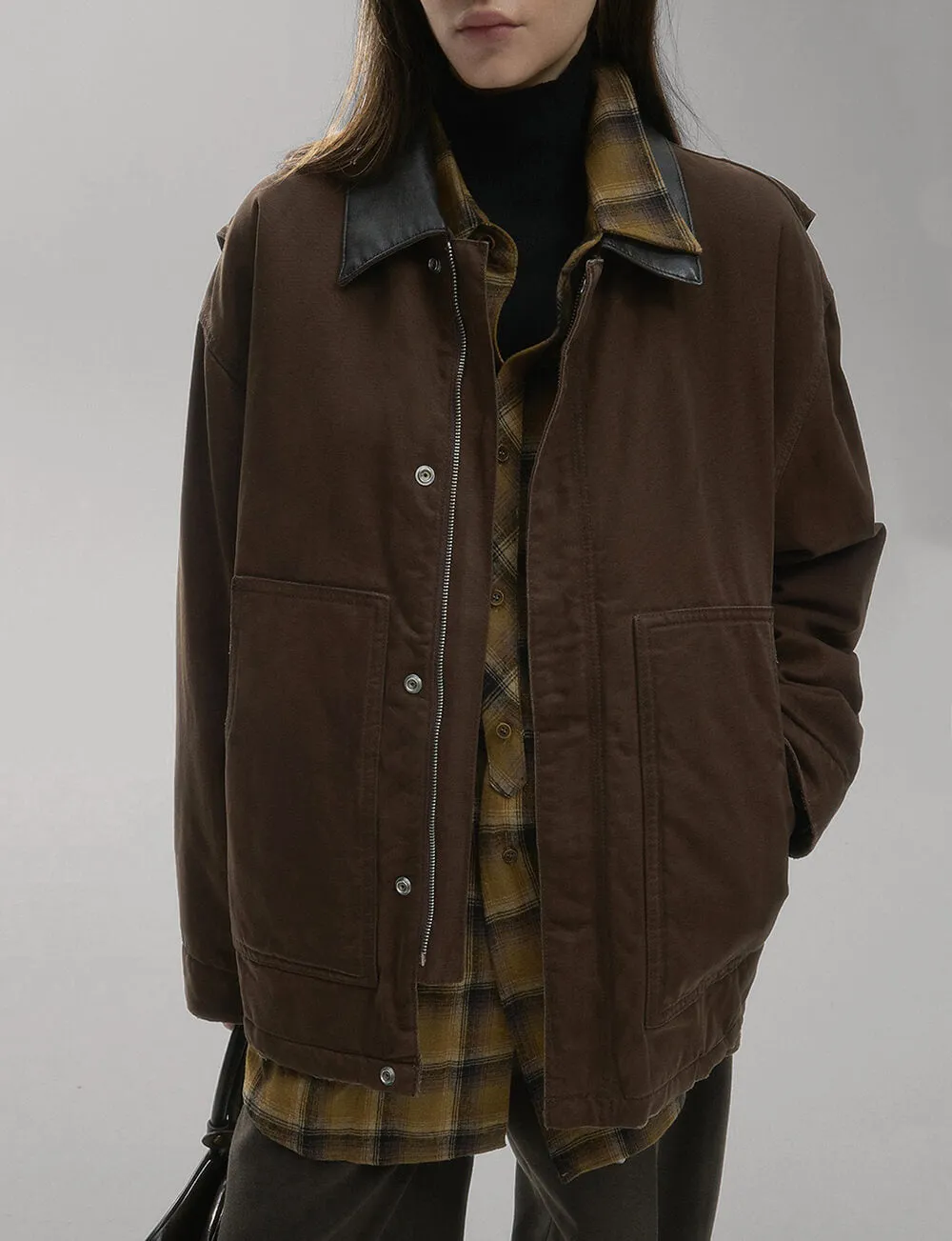 Brown Leather-Collar Barn Jacket