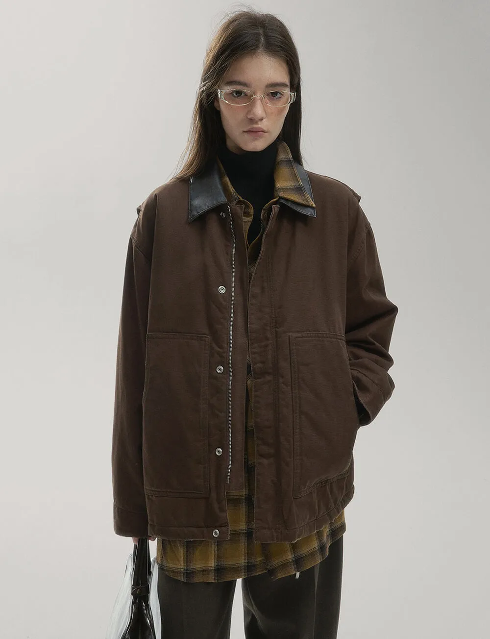 Brown Leather-Collar Barn Jacket