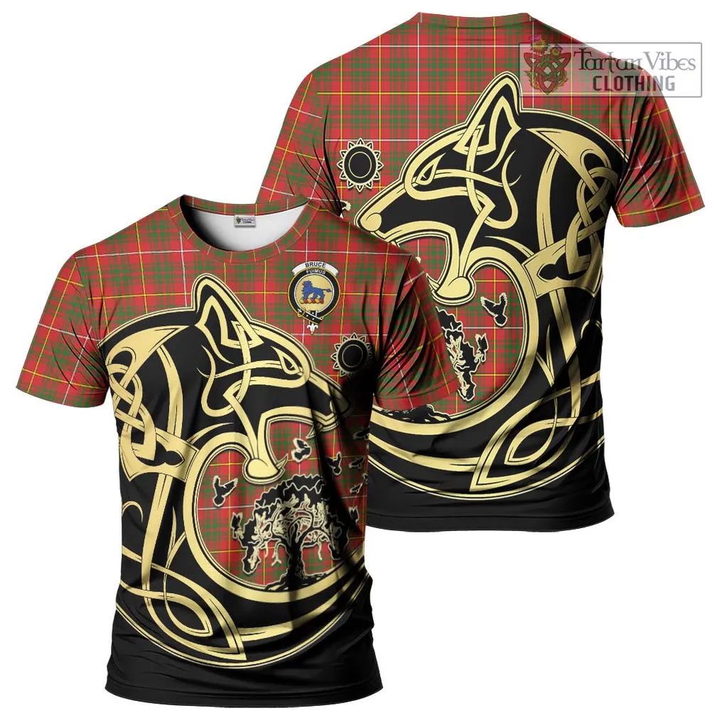 Bruce Modern Tartan T-Shirt with Family Crest Celtic Wolf Style