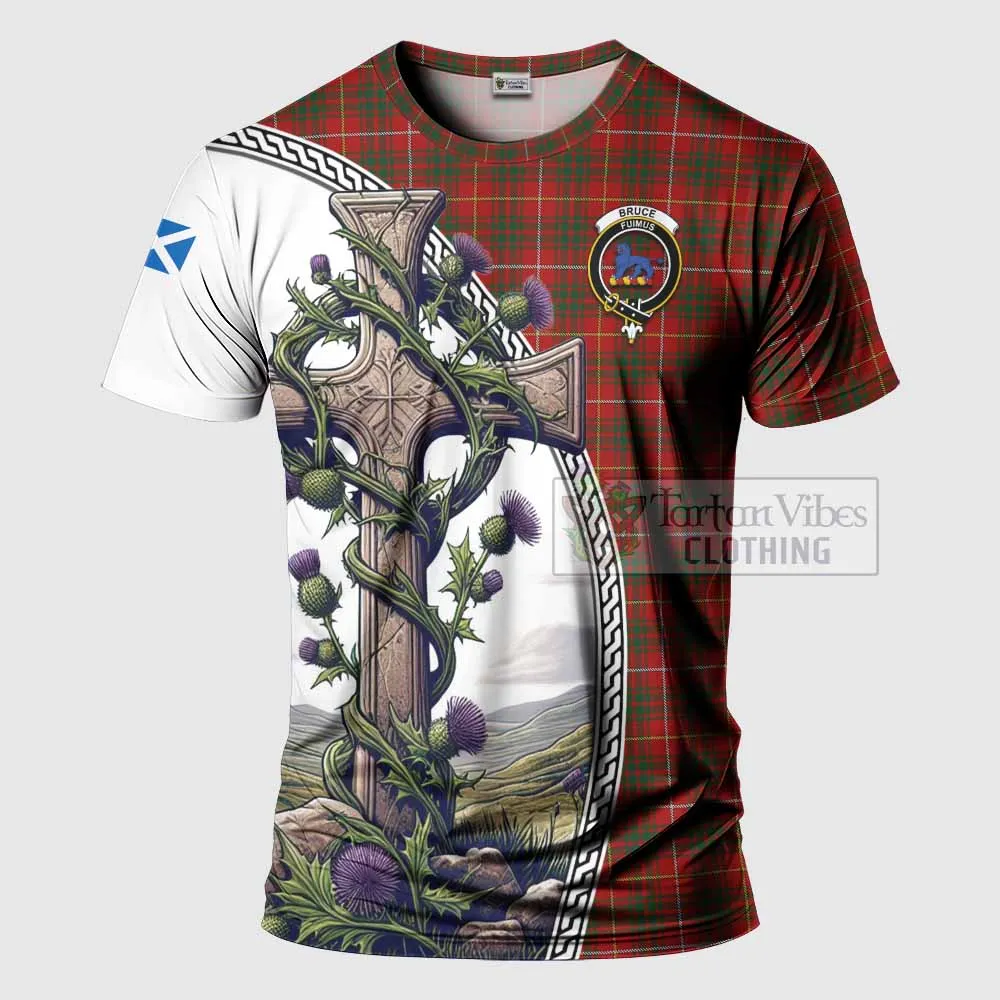 Bruce Tartan T-Shirt with Family Crest and St. Andrew's Cross Accented by Thistle Vines