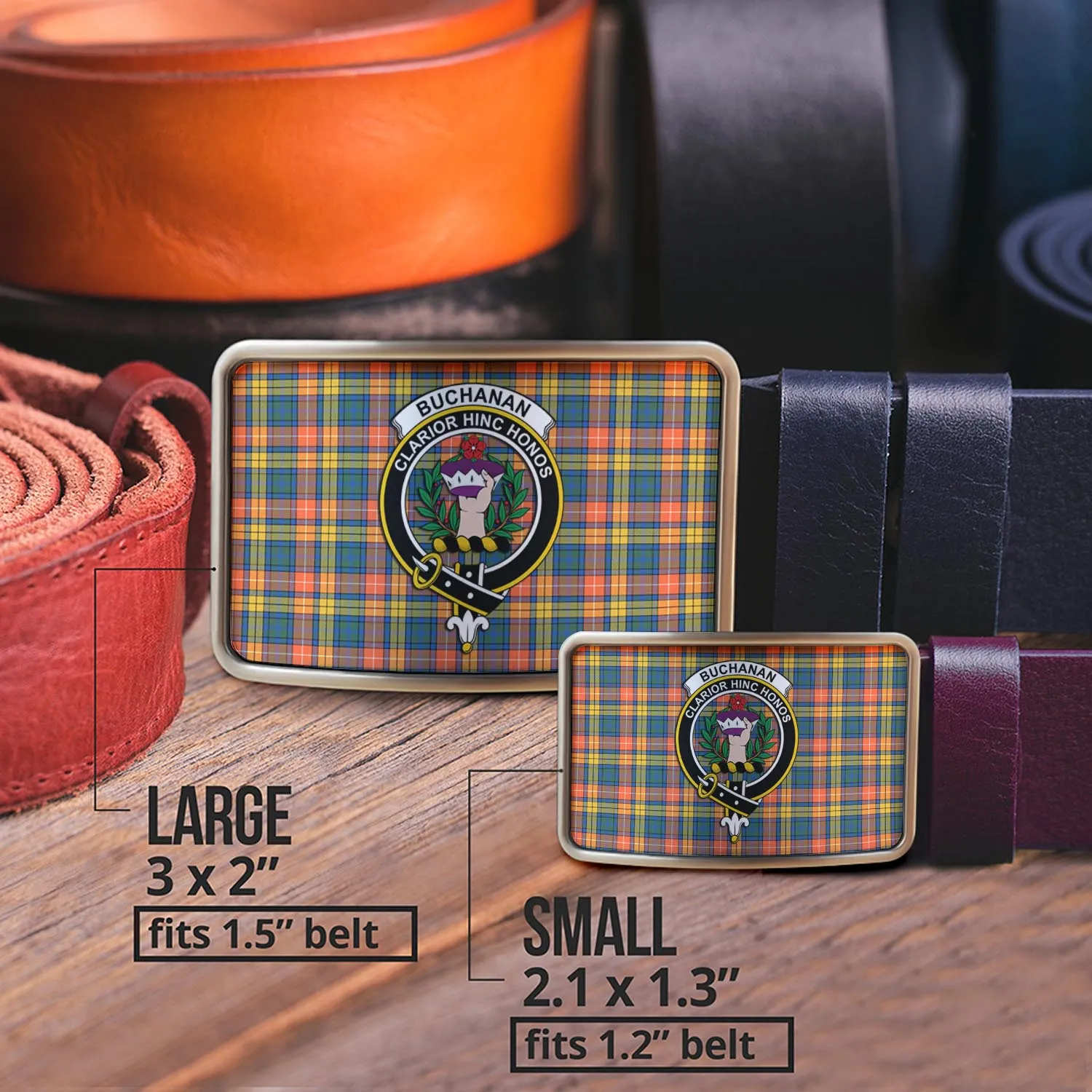 Buchanan Ancient Tartan Belt Buckles with Family Crest