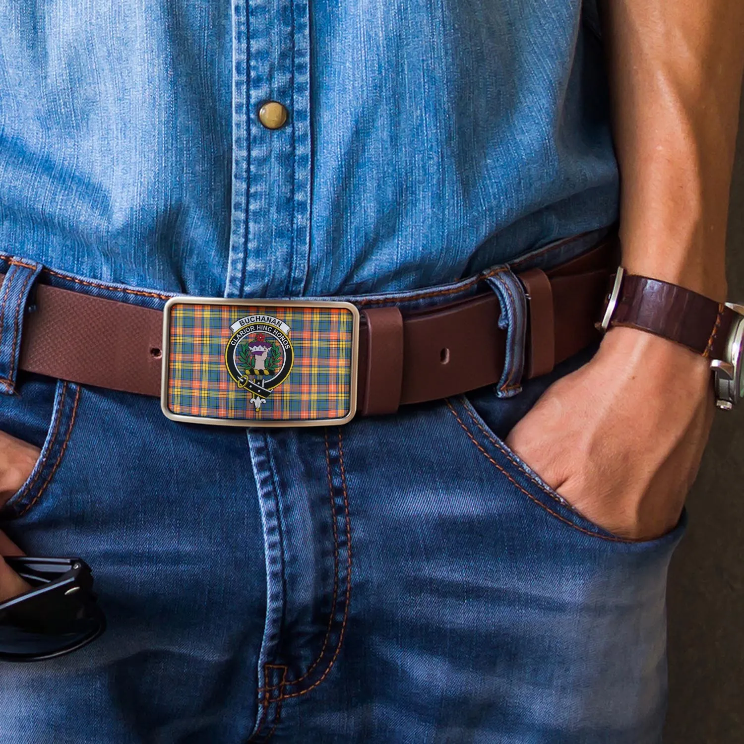 Buchanan Ancient Tartan Belt Buckles with Family Crest