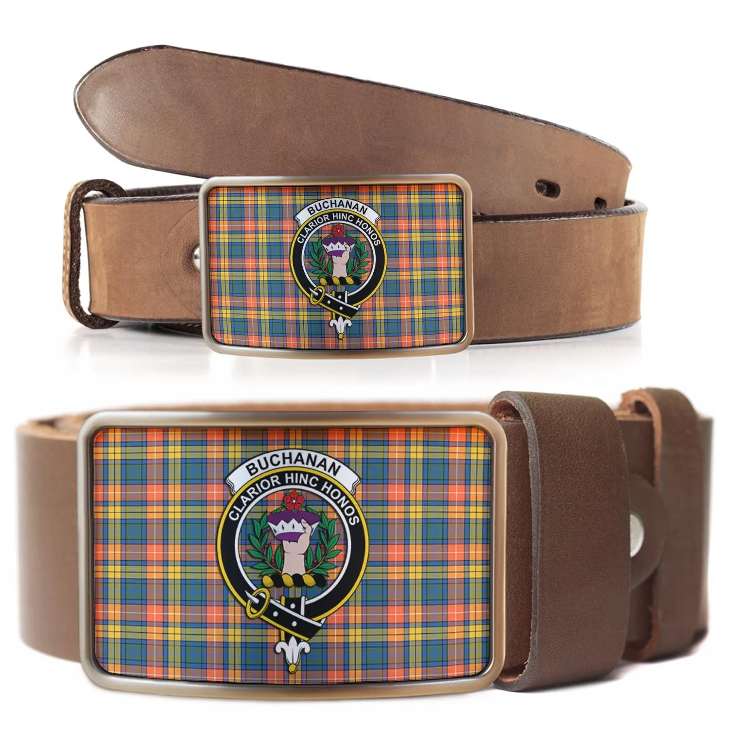 Buchanan Ancient Tartan Belt Buckles with Family Crest