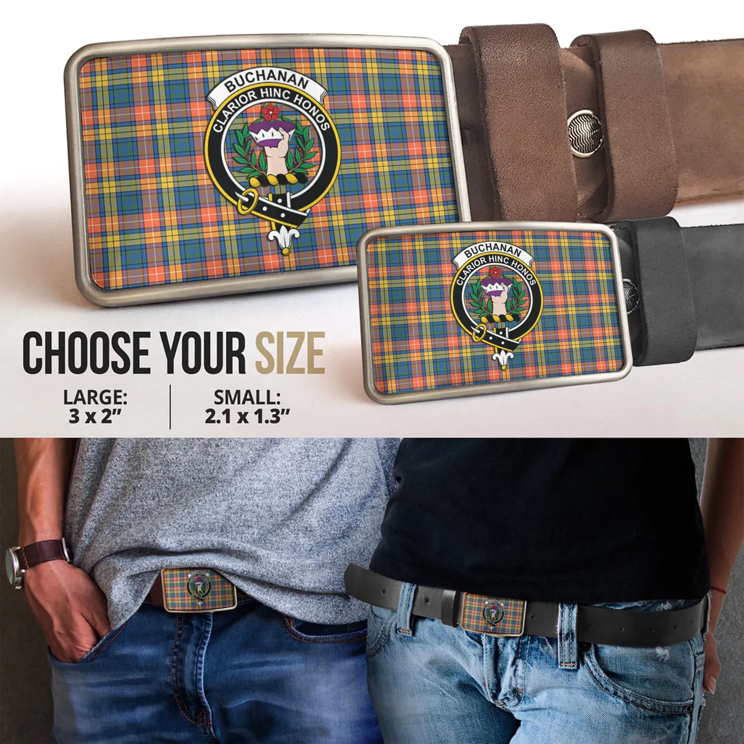 Buchanan Ancient Tartan Belt Buckles with Family Crest