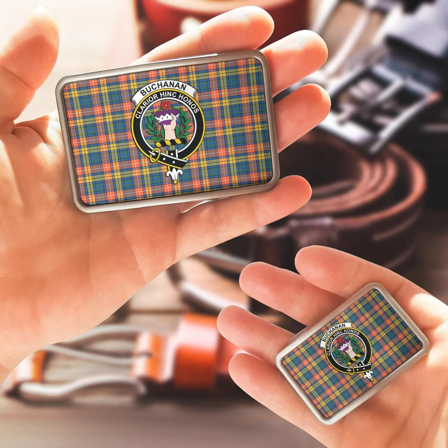 Buchanan Ancient Tartan Belt Buckles with Family Crest