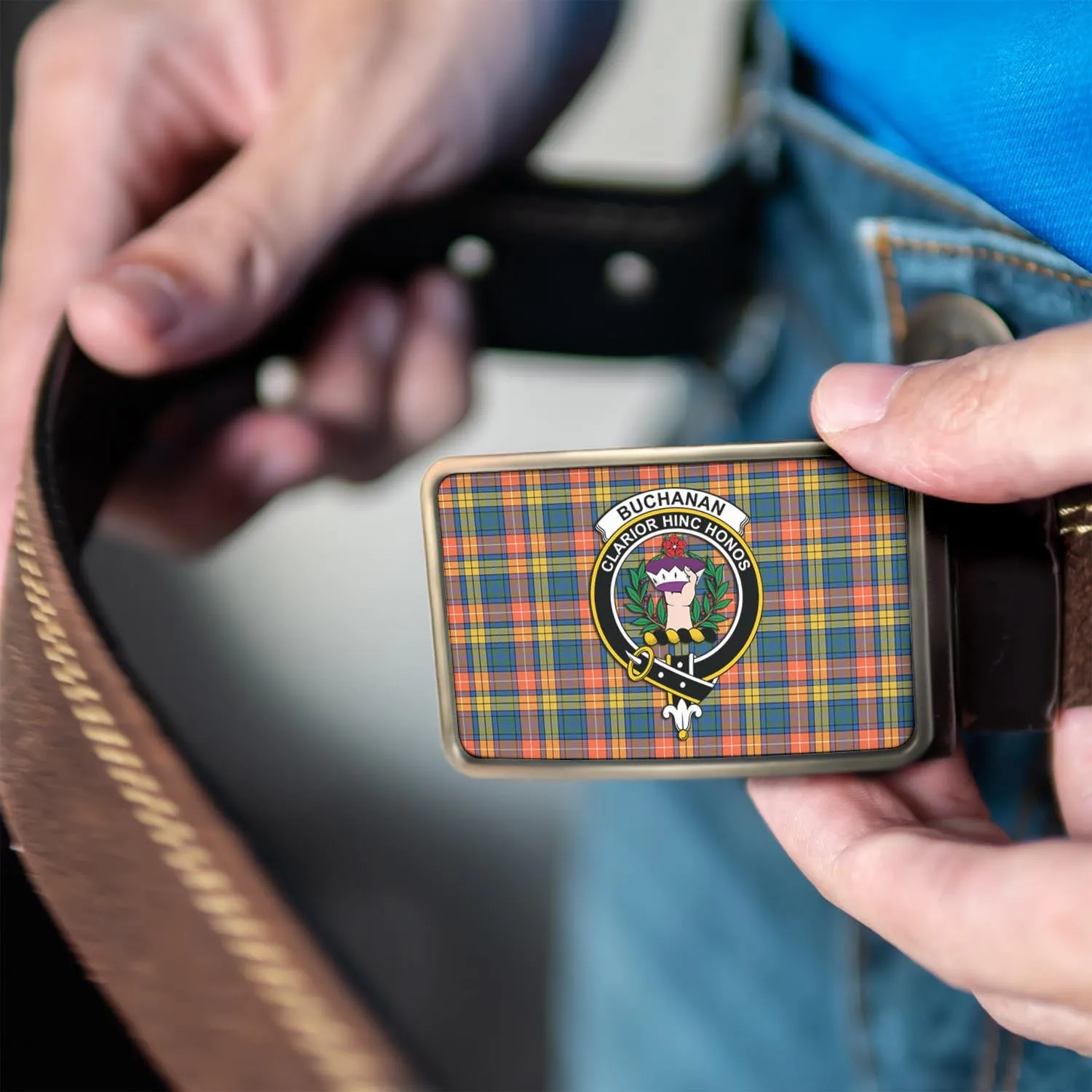 Buchanan Ancient Tartan Belt Buckles with Family Crest