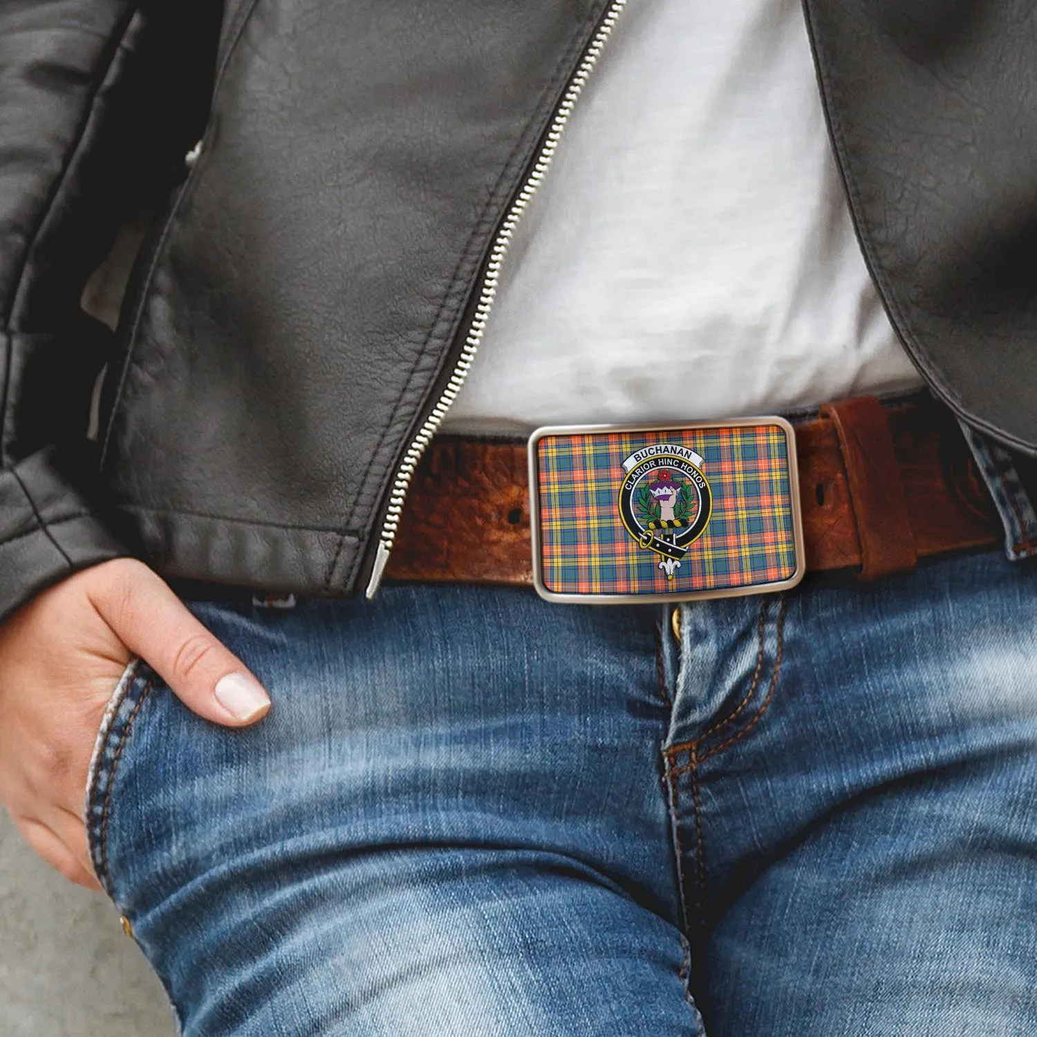 Buchanan Ancient Tartan Belt Buckles with Family Crest