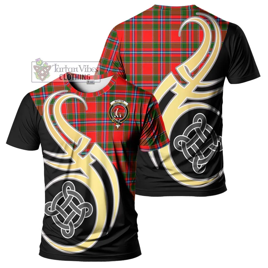 Butter Tartan T-Shirt with Family Crest and Celtic Symbol Style