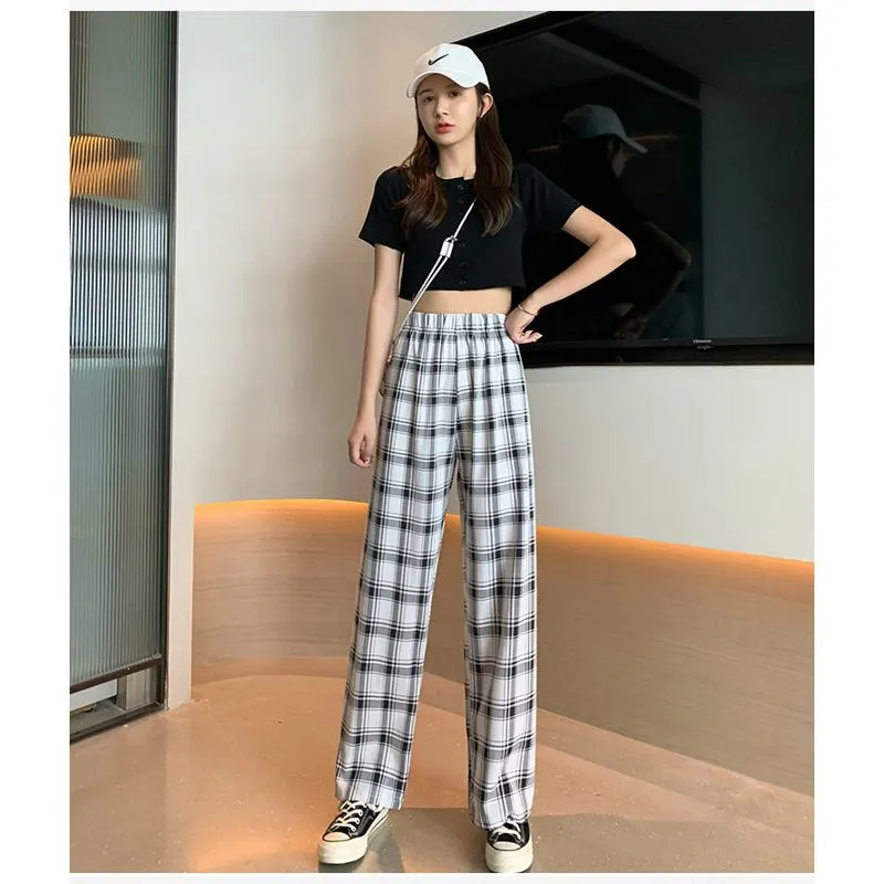 Casual Preppy Style Plus Petite Straight Pants Versatile Plaid Pants