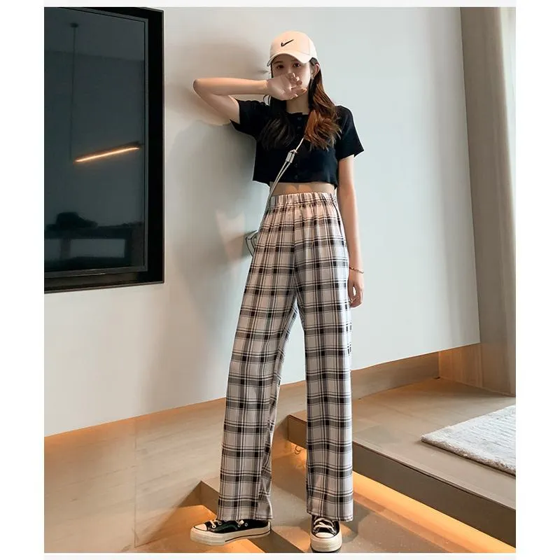 Casual Preppy Style Plus Petite Straight Pants Versatile Plaid Pants