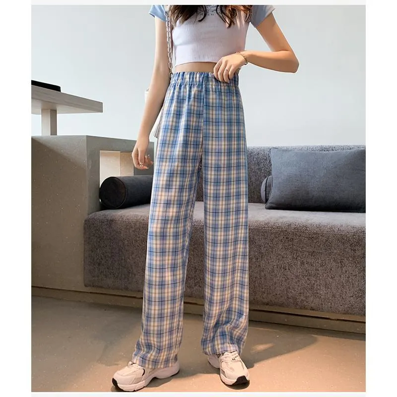 Casual Preppy Style Plus Petite Straight Pants Versatile Plaid Pants