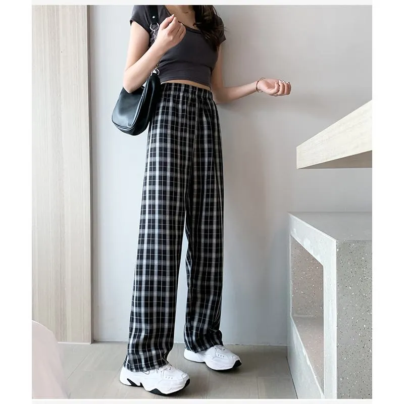 Casual Preppy Style Plus Petite Straight Pants Versatile Plaid Pants