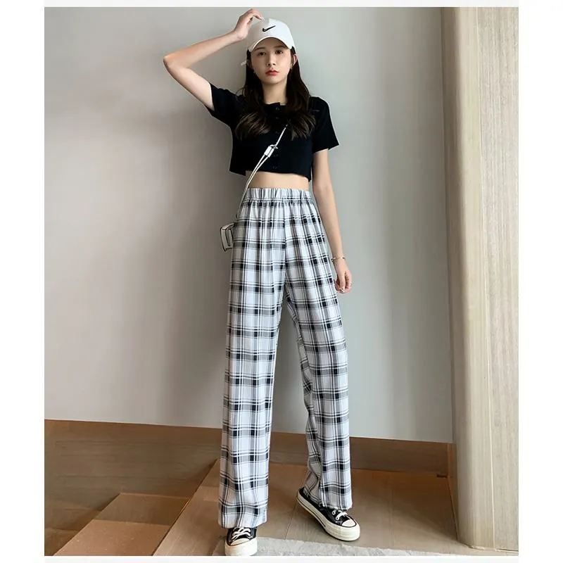 Casual Preppy Style Plus Petite Straight Pants Versatile Plaid Pants