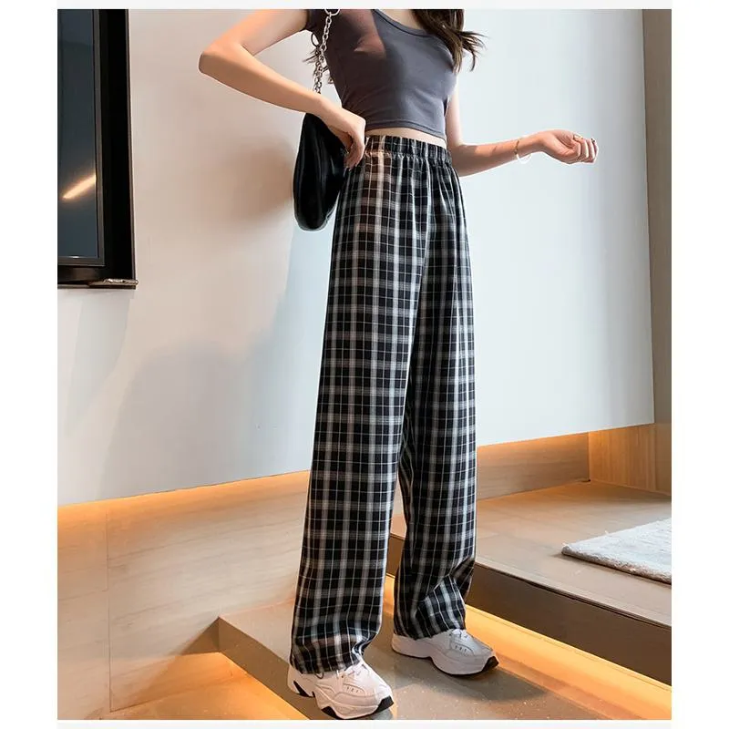 Casual Preppy Style Plus Petite Straight Pants Versatile Plaid Pants